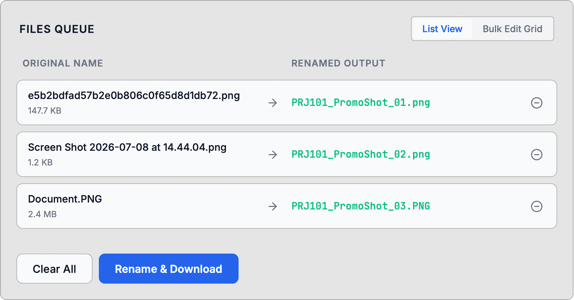 Screenshot of FileNamer's files queue.